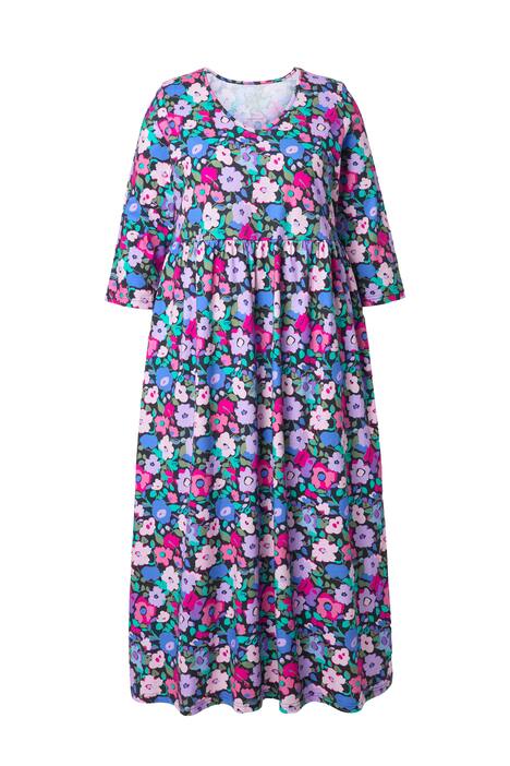 Žerzejové maxi šaty, květinový vzor, A-linie, V výstřih, 3/4 rukávy