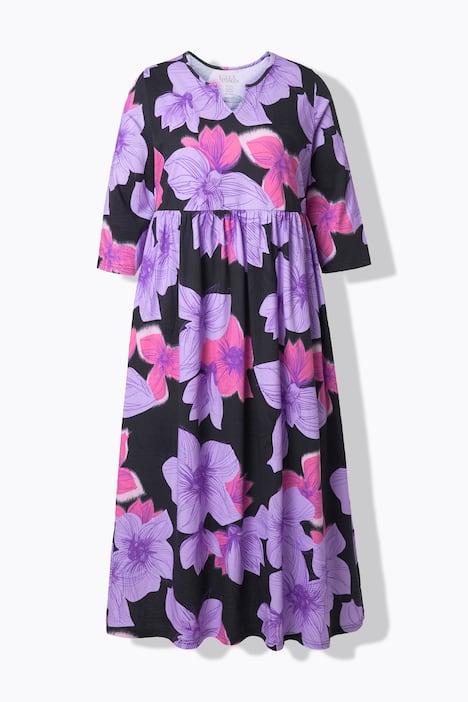 Jersey-Maxikleid, Blüten, A-Linie, 3/4-Arm