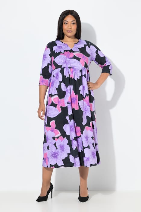 Jersey-Maxikleid, Blüten, A-Linie, 3/4-Arm