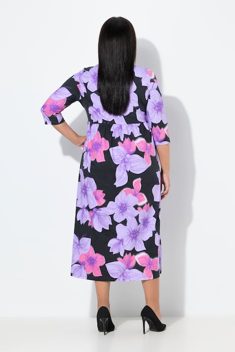 Jersey-Maxikleid, Blüten, A-Linie, 3/4-Arm