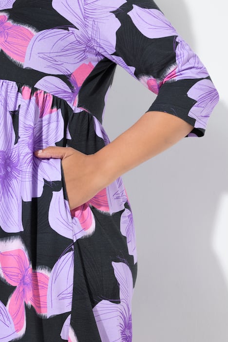 Jersey-Maxikleid, Blüten, A-Linie, 3/4-Arm
