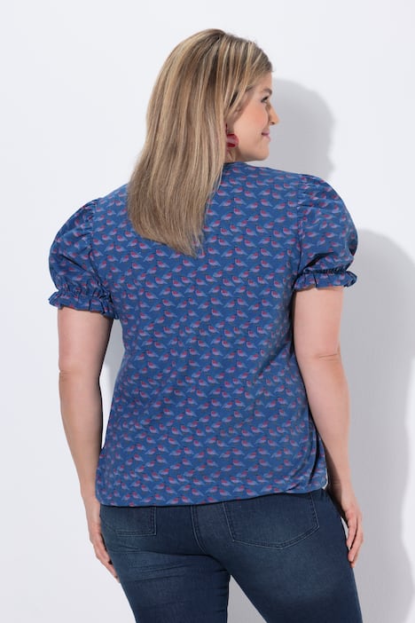 Blouse motif floral, manches courtes avec ruchés et décolleté carré