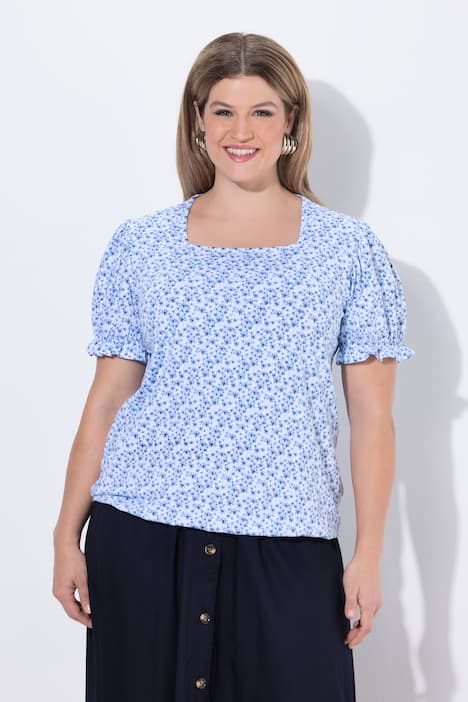 Blouse motif floral, manches courtes avec ruchés et décolleté carré