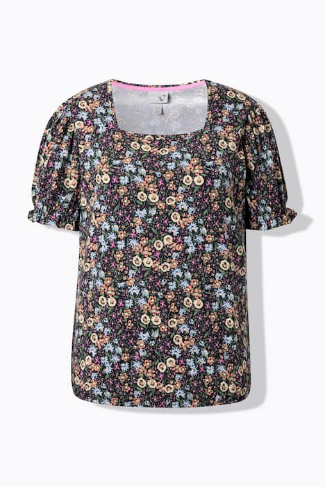 Blouse motif floral, manches courtes avec ruchés et décolleté carré