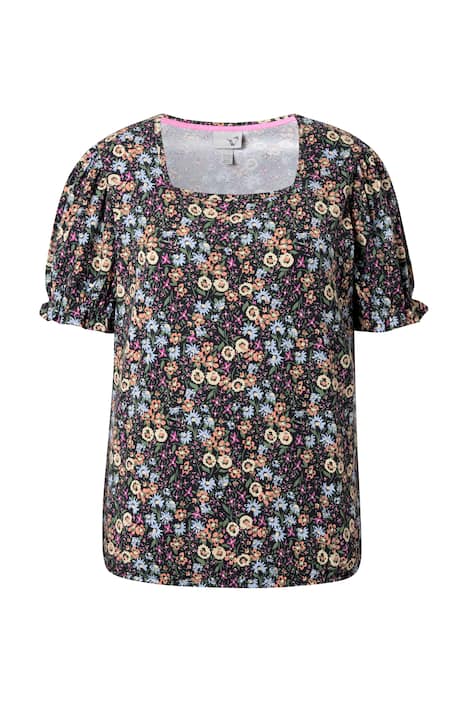 Tričko, květy, záhyby, výstřih Carree, poloviční polo rukávy