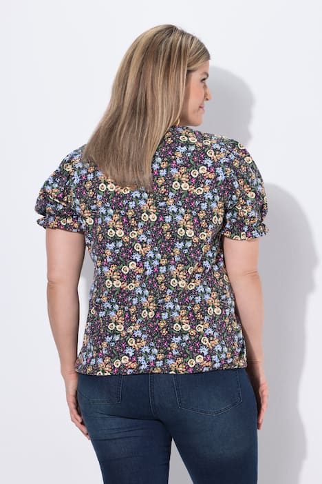 Blouse motif floral, manches courtes avec ruchés et décolleté carré