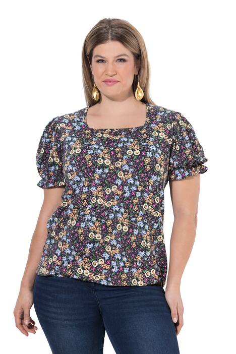 Tričko, květy, záhyby, výstřih Carree, poloviční polo rukávy