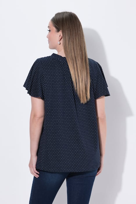 Tričko, puntíky, záhyby, V-výstřih, poloviční rukáv s křidélky