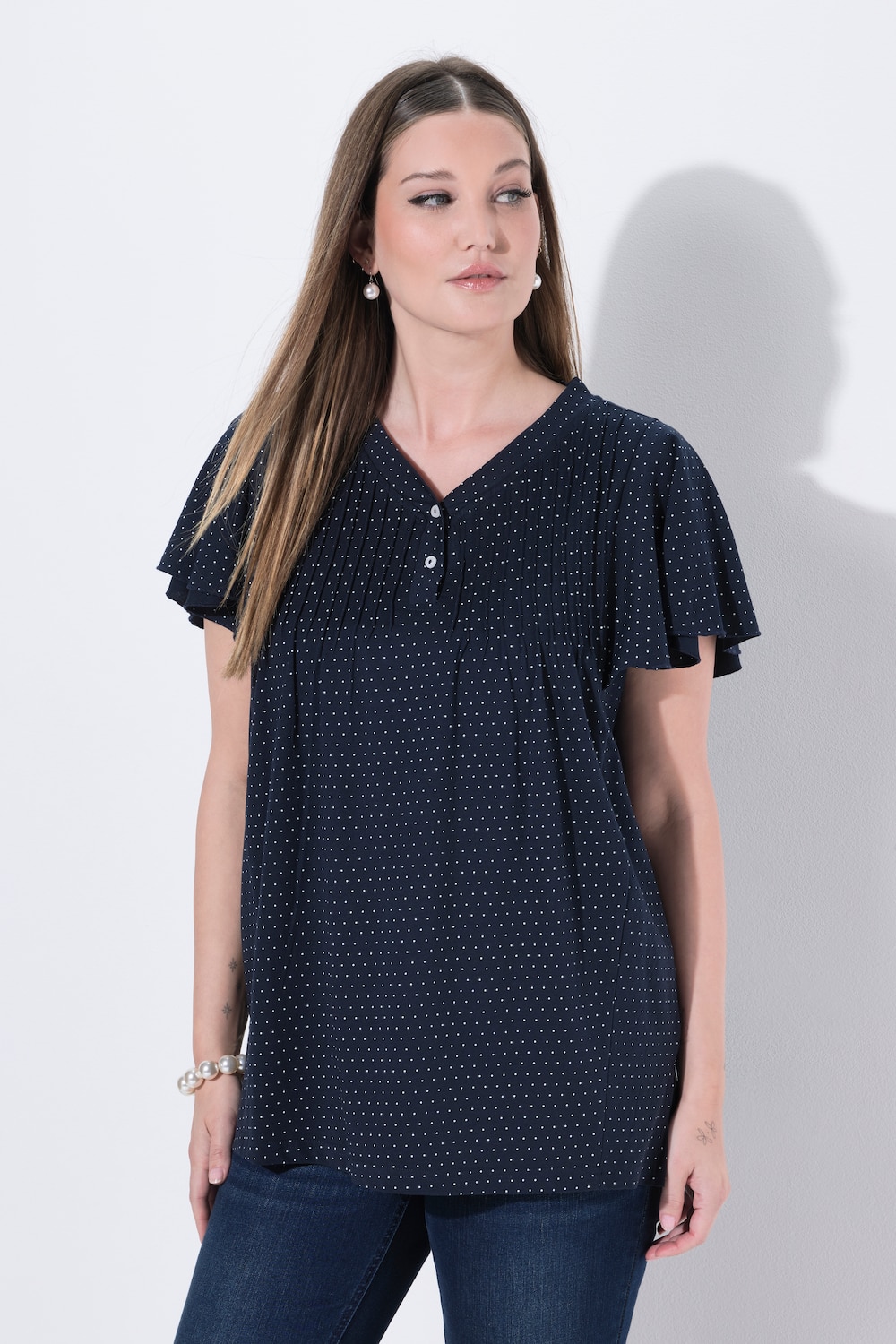 T-Shirt, Pünktchen, Biesen, V-Ausschnitt, Flügel-Halbarm