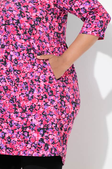 Longshirt, Blüten, A-Linie, Rundhals, 3/4-Arm