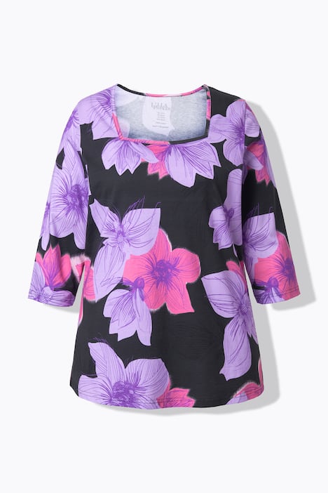 Bluzka, kwiaty, krój trapezowy, dekolt karo, rękaw 3/4