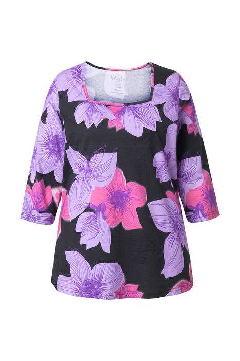 Tričko, květiny, áčkový střih, hranatý výstřih, 3/4 rukávy