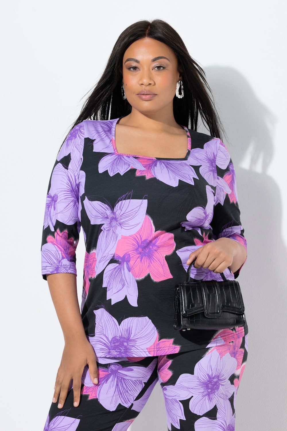 Shirt, Blüten, A-Linie, Carré-Ausschnitt, 3/4-Arm