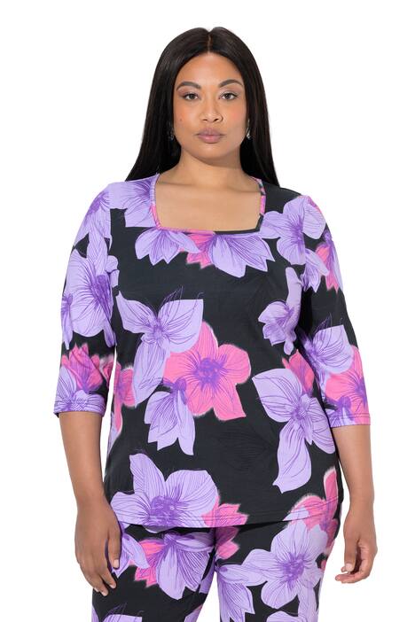 Tričko, květiny, áčkový střih, hranatý výstřih, 3/4 rukávy