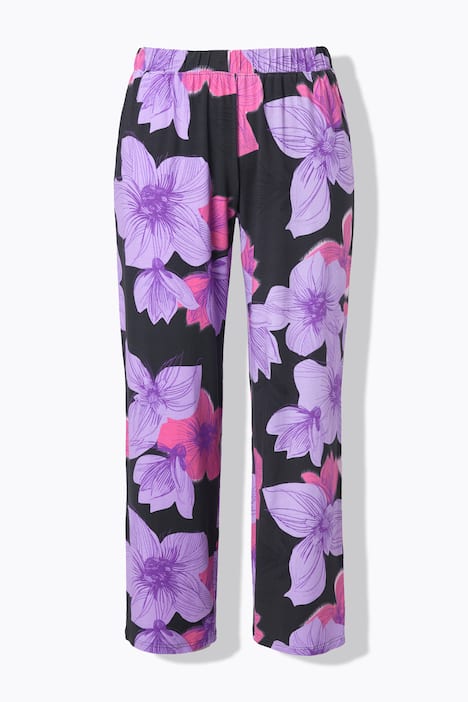 Jersey broek, bloemen, wijde pijp, elastische tailleband