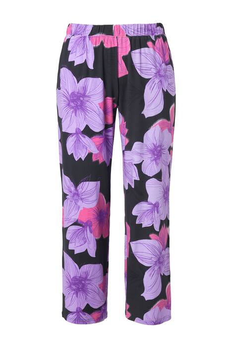 Žerzejové kalhoty, květinový vzor, široké nohavice, elastický pas