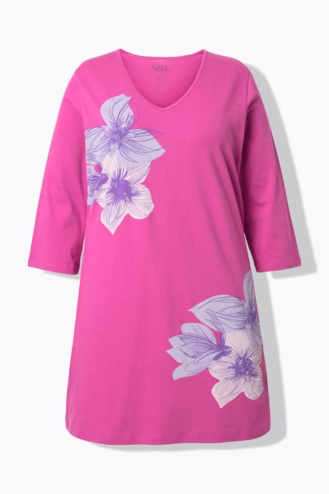 Maglia dal taglio lungo e svasato con fiori, scollo a V e maniche a 3/4