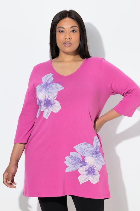 Maglia dal taglio lungo e svasato con fiori, scollo a V e maniche a 3/4