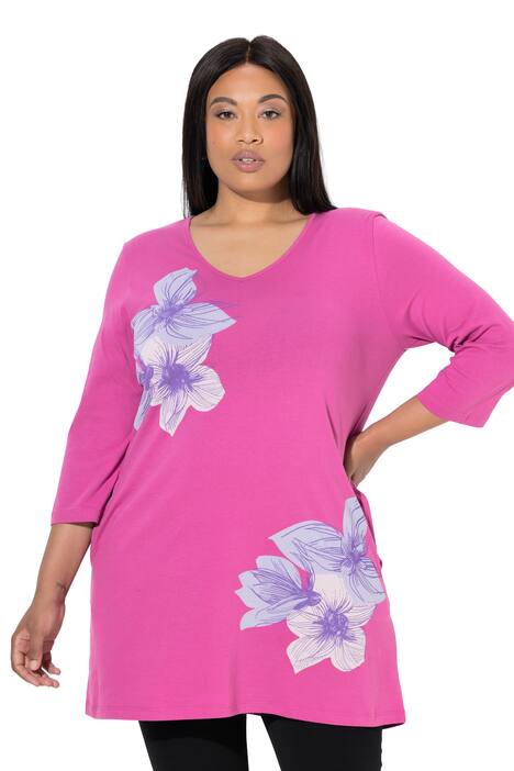 Dlouhé tričko, květinový vzor, áčkový střih, V výstřih, 3/4 rukáv