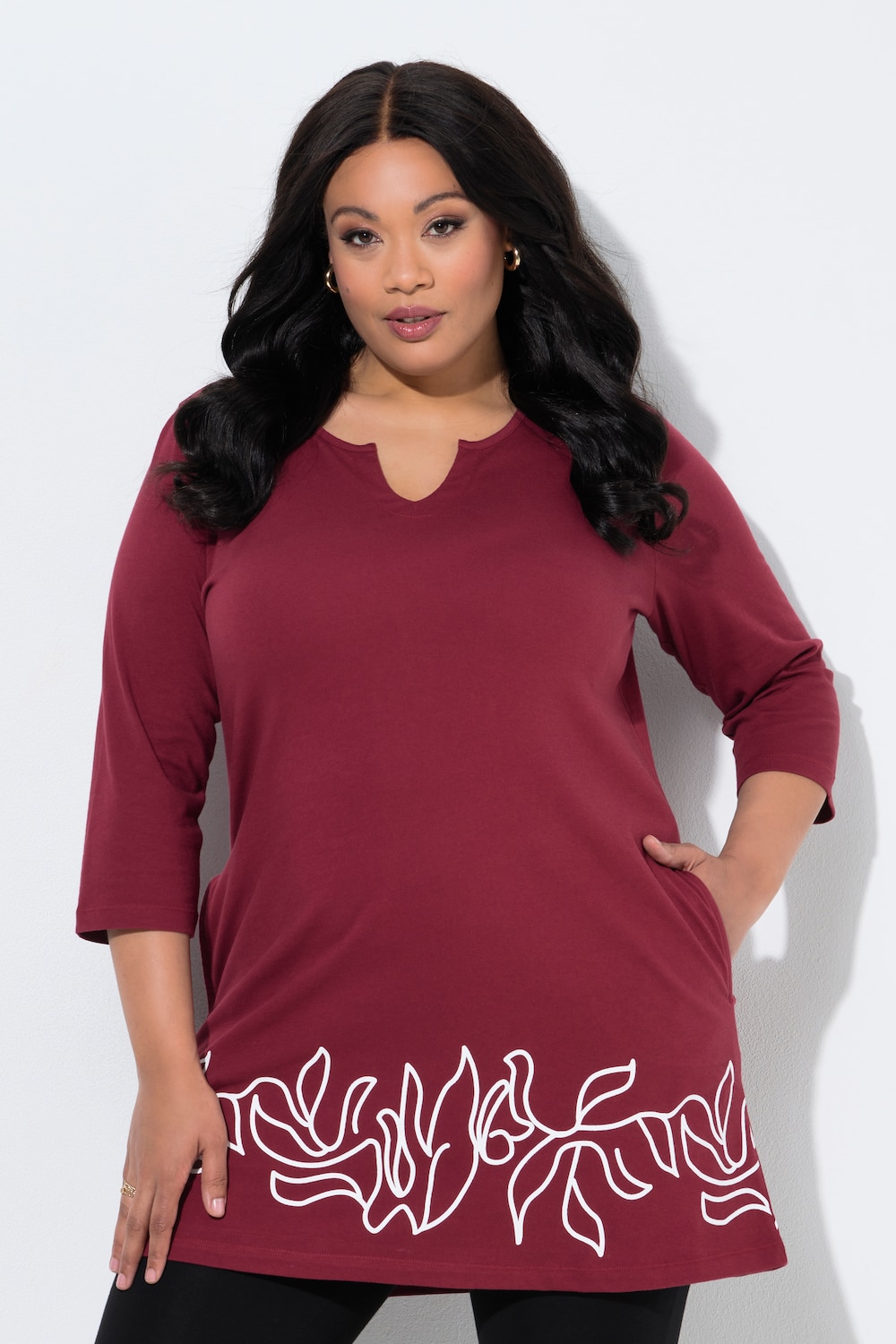 Longshirt, Motivdruck, A-Linie, Tunika-Ausschnitt, 3/4-Arm