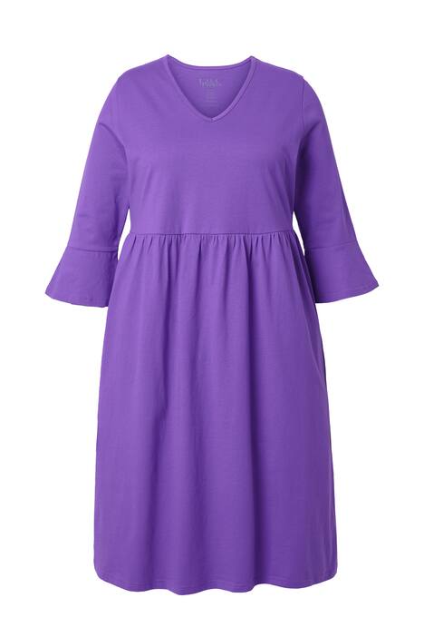 Žerzejové šaty, áčkový střih, V výstřih, 3/4 rukávy s volánem