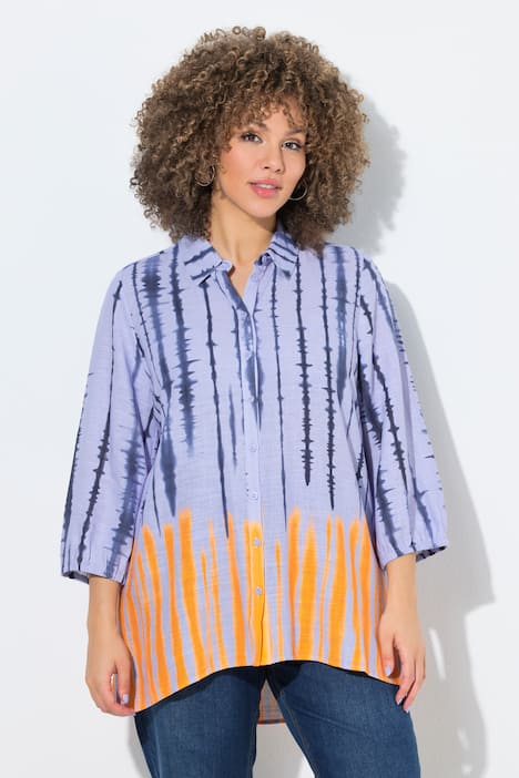 Bluse, Batikmuster, Hemdkragen, 3/4-Arm, Leinenmix