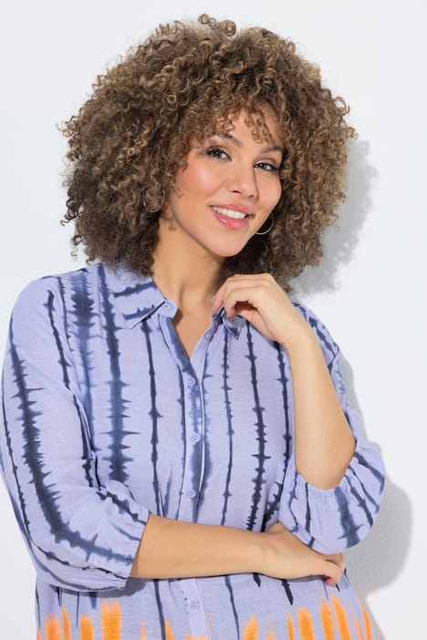 Bluse, Batikmuster, Hemdkragen, 3/4-Arm, Leinenmix