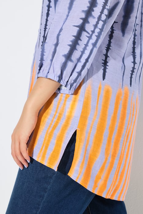 Bluse, Batikmuster, Hemdkragen, 3/4-Arm, Leinenmix