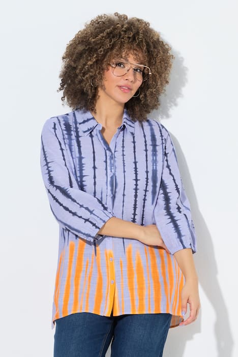 Bluse, Batikmuster, Hemdkragen, 3/4-Arm, Leinenmix