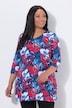 T-shirt motif à fleurs, coupe évasée, col en V et manches 3/4
