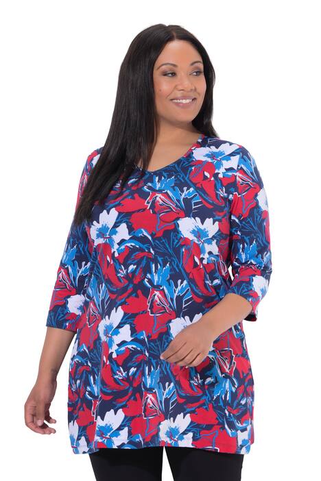 Dlouhé tričko, květy, A střih, výstřih do V, 3/4 rukávy