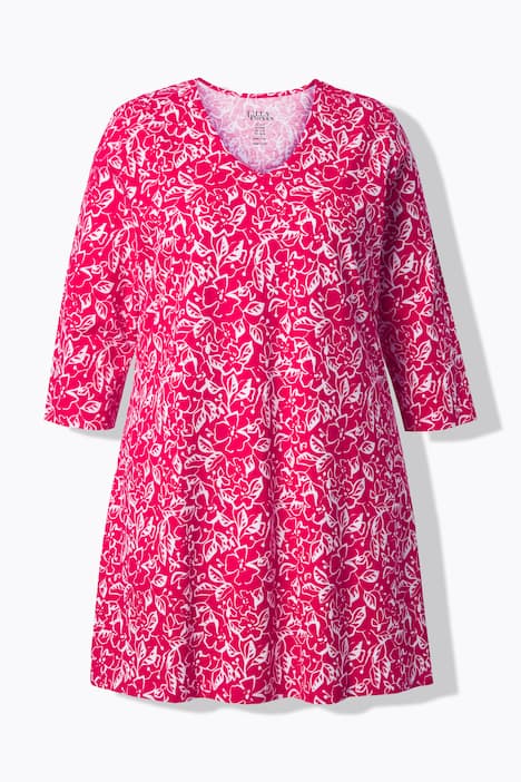 Longshirt, Blüten, A-Linie, V-Ausschnitt, 3/4-Arm