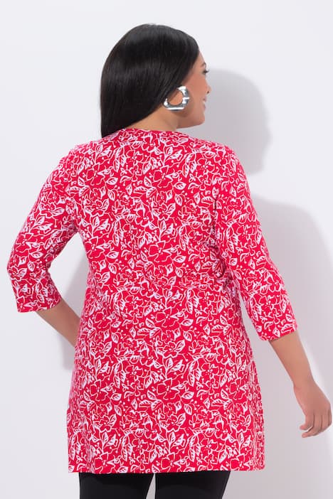 Longshirt, Blüten, A-Linie, V-Ausschnitt, 3/4-Arm