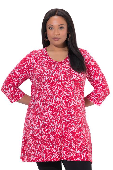 Dlouhé tričko, květy, A střih, výstřih do V, 3/4 rukávy