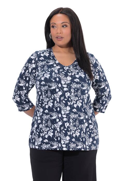 Dlouhé tričko, květy, A střih, výstřih do V, 3/4 rukávy