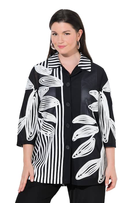 Síťovaná dlouhá halenka, výšivka, košilový límec, 3/4 rukáv