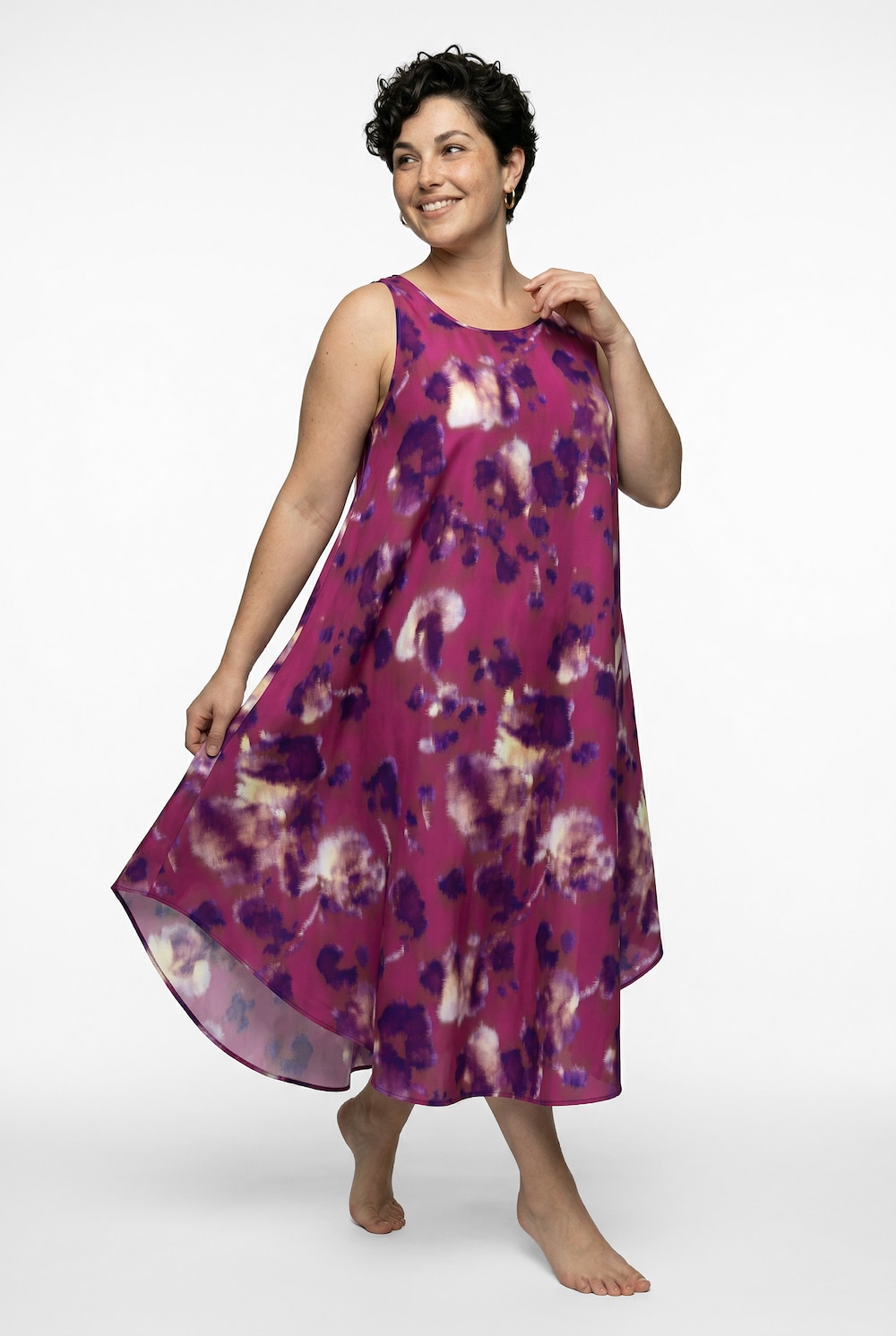 Midikleid, Blüten, A-Linie, Rundhals, ärmellos
