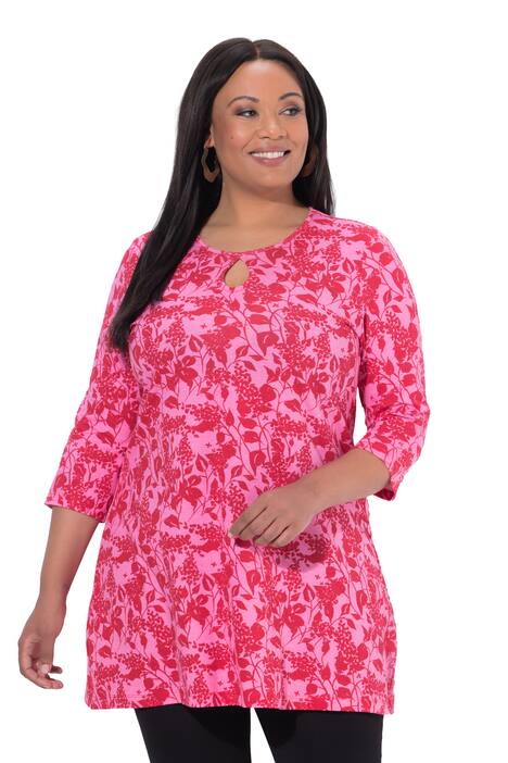 Dlouhé tričko, květy, A střih, malý rozparek, kulatý výstřih, 3/4 rukávy