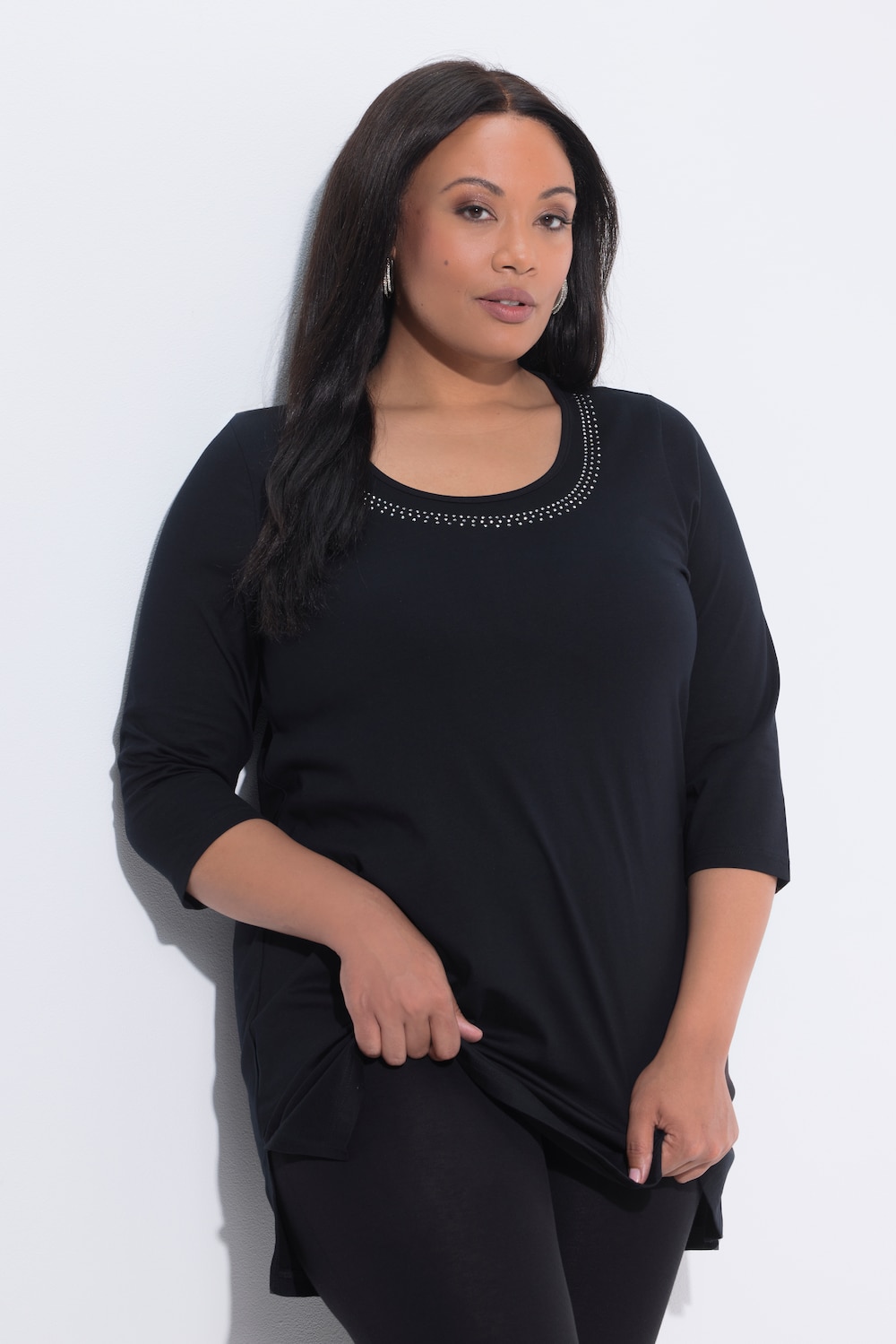 Longshirt, Nieten, A-Linie, Rundhals, 3/4-Arm