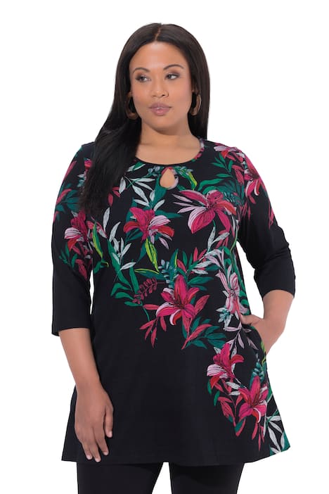 Dlouhé tričko, rozparek, A střih, kulatý výstřih, 3/4 rukávy