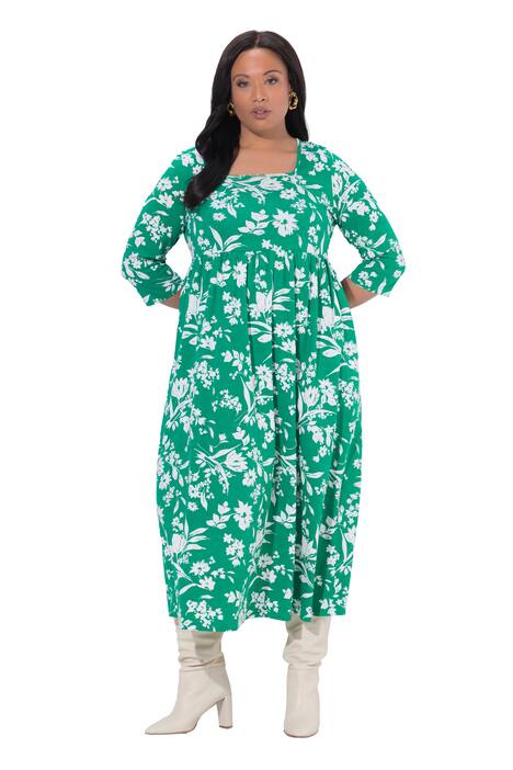 Žerzejové šaty, květy, A střih, hranatý výstřih, 3/4 rukávy