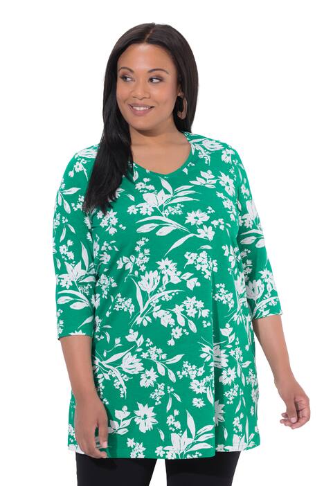 Dlouhé tričko, květy, A střihu, výstřih do V, 3/4 rukávy