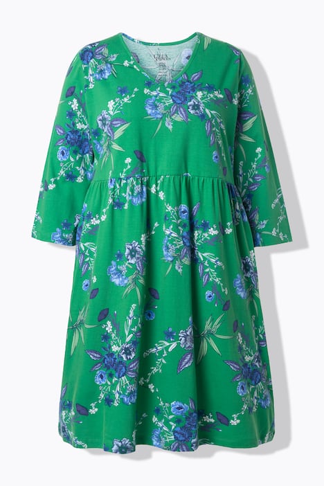 Jerseykleid, Blüten, A-Linie, V-Ausschnitt, 3/4-Arm