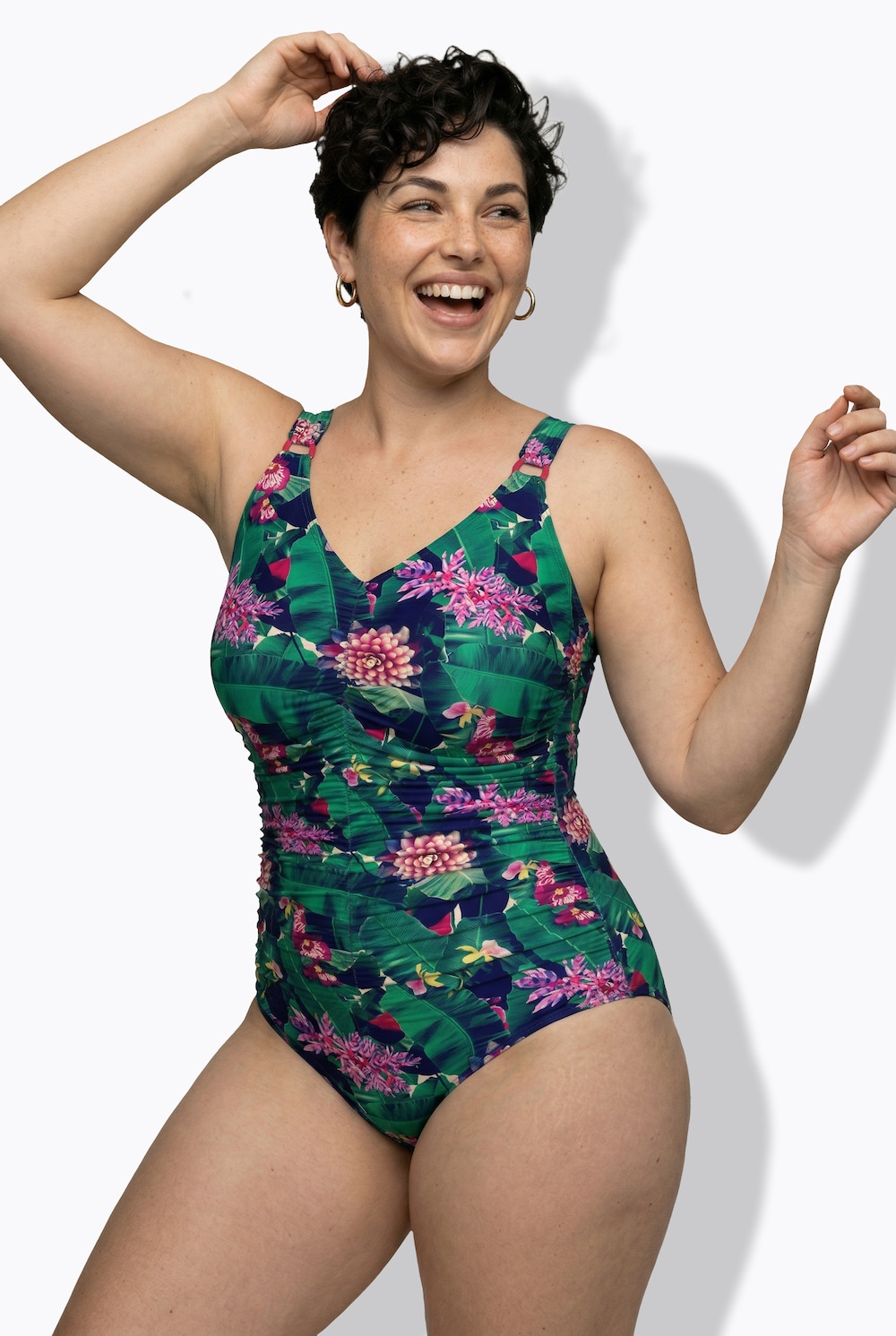 Badeanzug, Blüten, Softcups, Raffung, recycelt