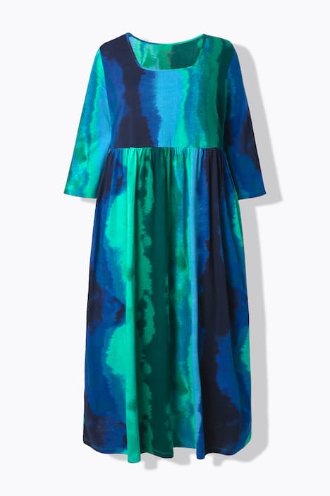 Robe maxi motif Batik, décolleté carré et manches 3/4, coupe évasée