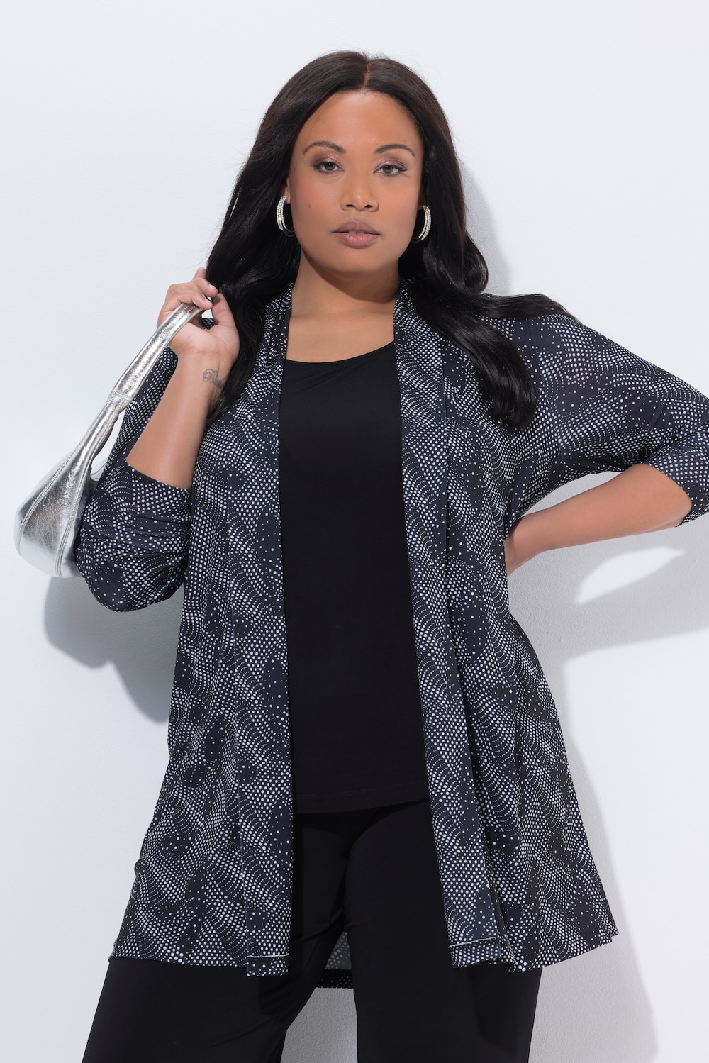 Jersey jas, grafisch motief, sjaalkraag, lange mouwen