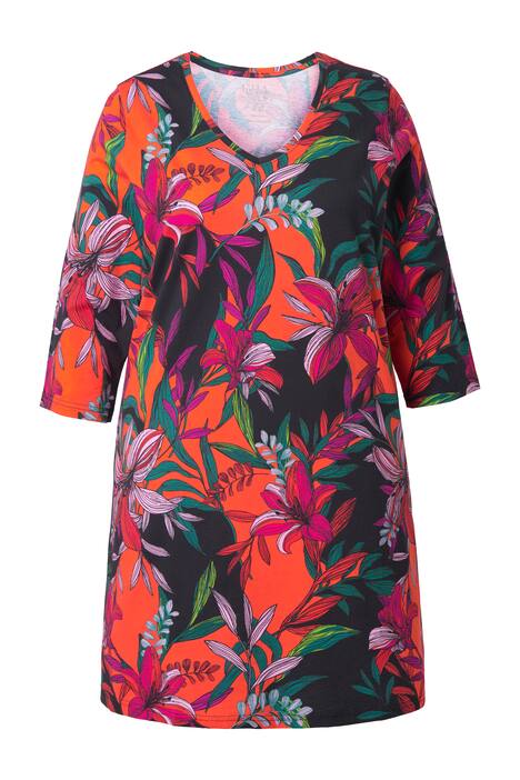 Dlouhé tričko, květy, A střih, výstřih do V, 3/4 rukávy