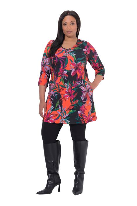 Dlouhé tričko, květy, A střih, výstřih do V, 3/4 rukávy