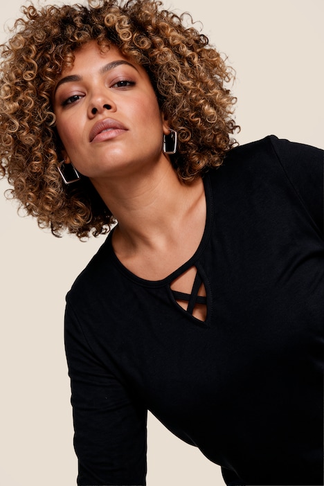 Longshirt, Zierbänder, A-Linie, Tunika-Ausschnitt, 3/4-Arm