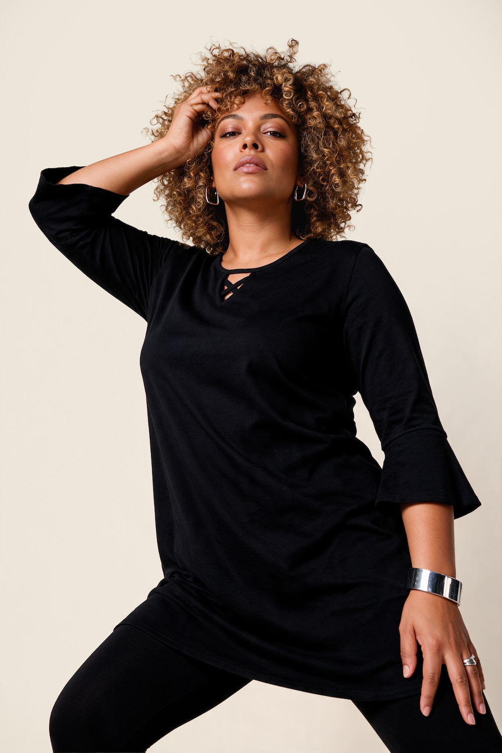 Longshirt, Zierbänder, A-Linie, Tunika-Ausschnitt, 3/4-Arm
